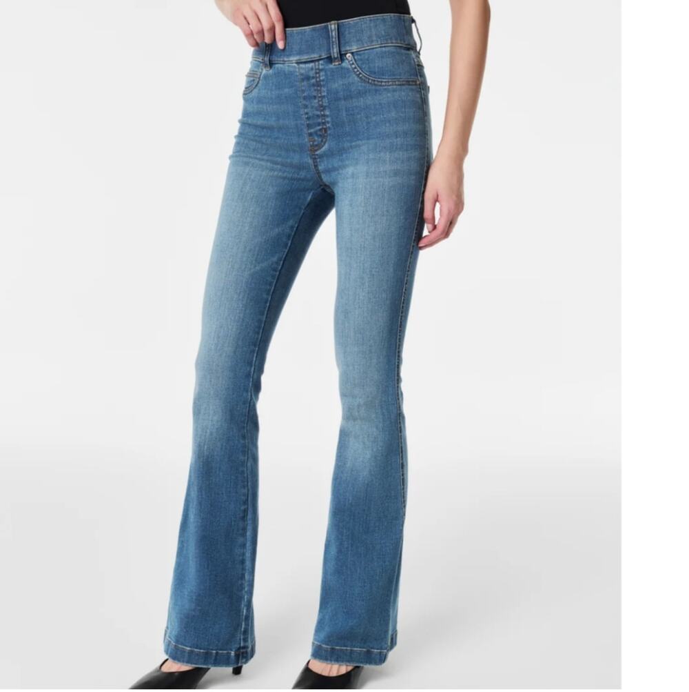 Spanx Jeans Womens Large Tall Blue Vintage Indigo Pull On Flare Shaping Denim